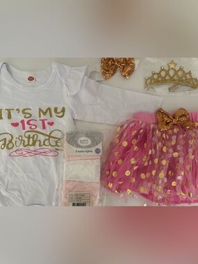 FIRST BIRTHDAY BUNDLE Onesie with Tulle Skirt and Accessories - New and Unworn